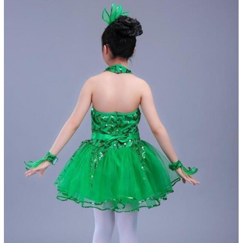 Girls princess jazz dance dresses green colored school performance grass dance fluffy princess skirt spring singer show outfits
